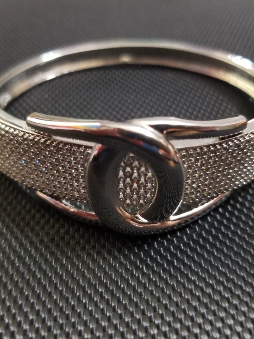 Silver Pavé Diamond Bracelet with Belt-Buckle-Style & Hinged Fold-Out Clasp